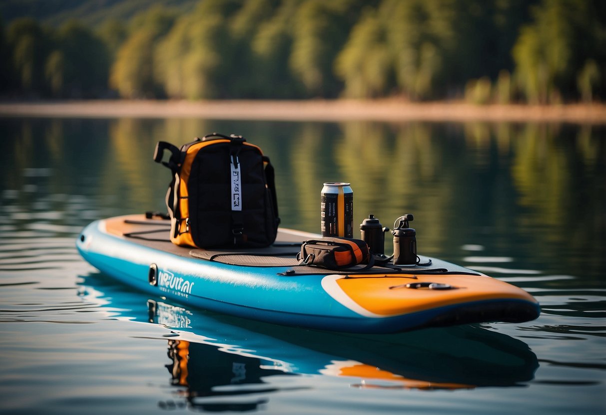 A paddleboard with 5 coolers strapped on, floating on calm water with a scenic backdrop