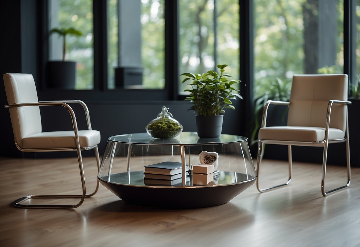A modern coffee table and chairs made of sleek wood and metal, with minimalist design and clean lines