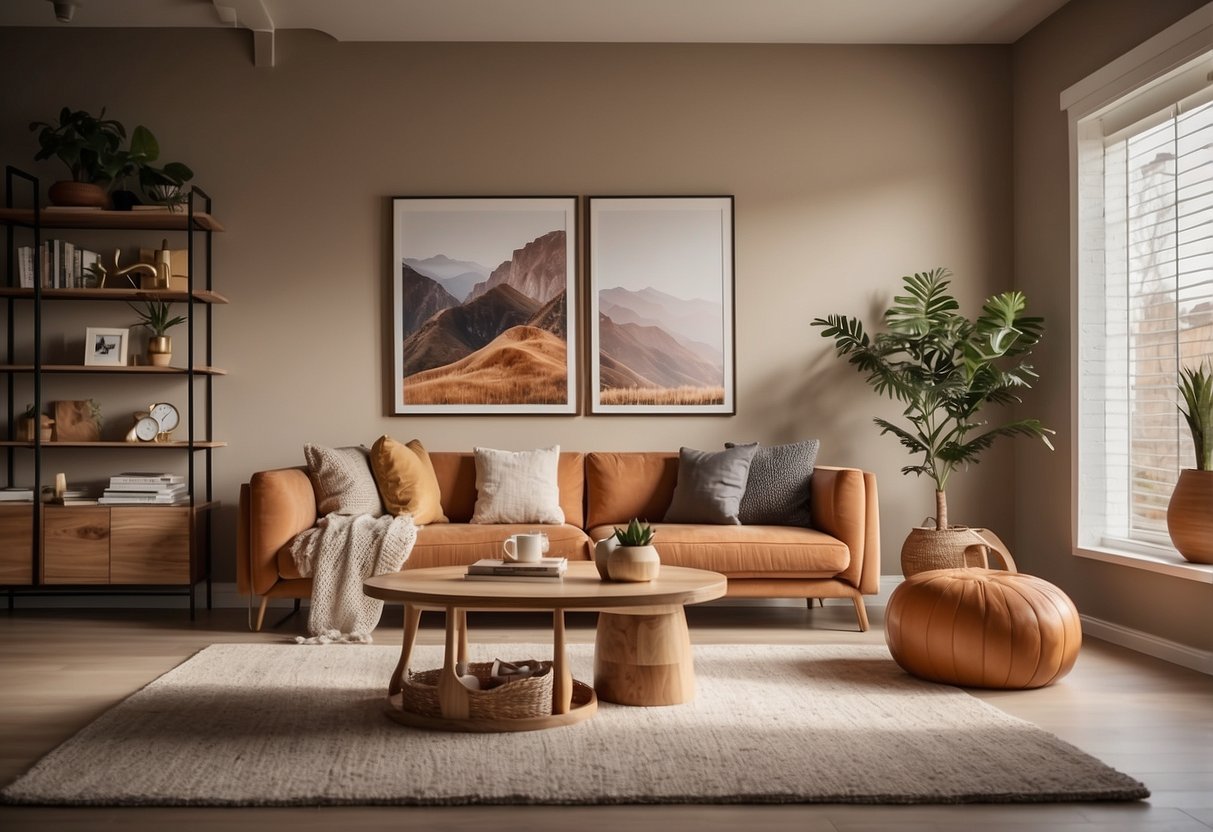 A cozy living room with modern furniture, a comfortable sofa, stylish coffee table, and shelves displaying various home decor items. Bright lighting and a warm color scheme create a welcoming atmosphere