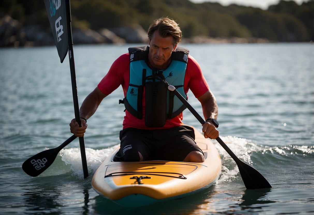 A paddleboarder secures an IceMule Pro Cooler to their board, ready for a day on the water