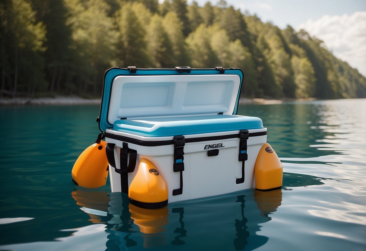 The Engel HD30 Waterproof Soft-Side Cooler sits on a paddleboard, surrounded by calm waters and a clear blue sky