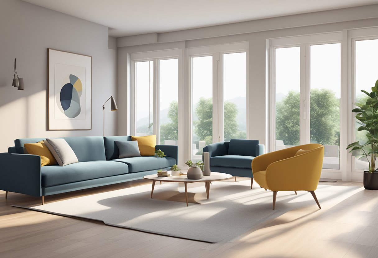 A spacious living room with modern Dumor furniture, including a sleek sofa, a minimalist coffee table, and a contemporary armchair. The room is filled with natural light from large windows, and the furniture is arranged in a stylish and inviting manner
