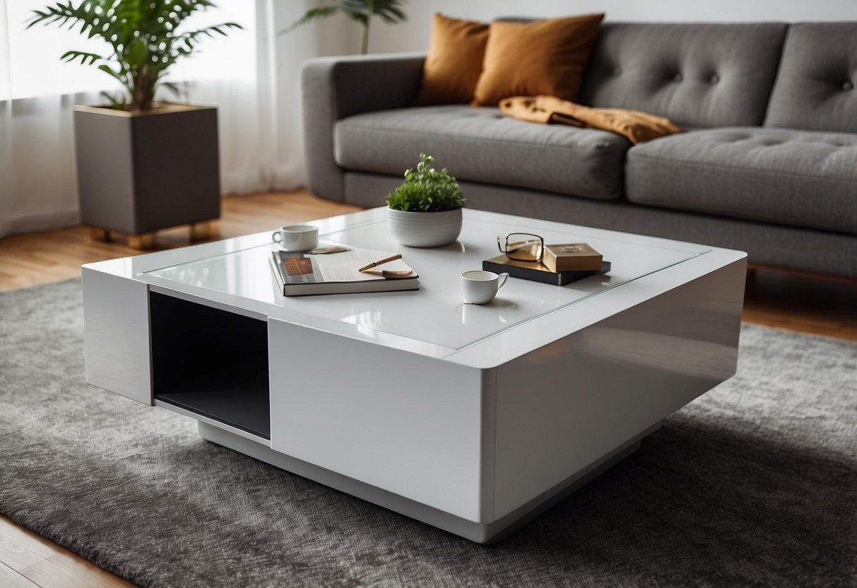 A sleek coffee table with built-in storage compartments and a matching set of chairs with ergonomic design for comfort and support