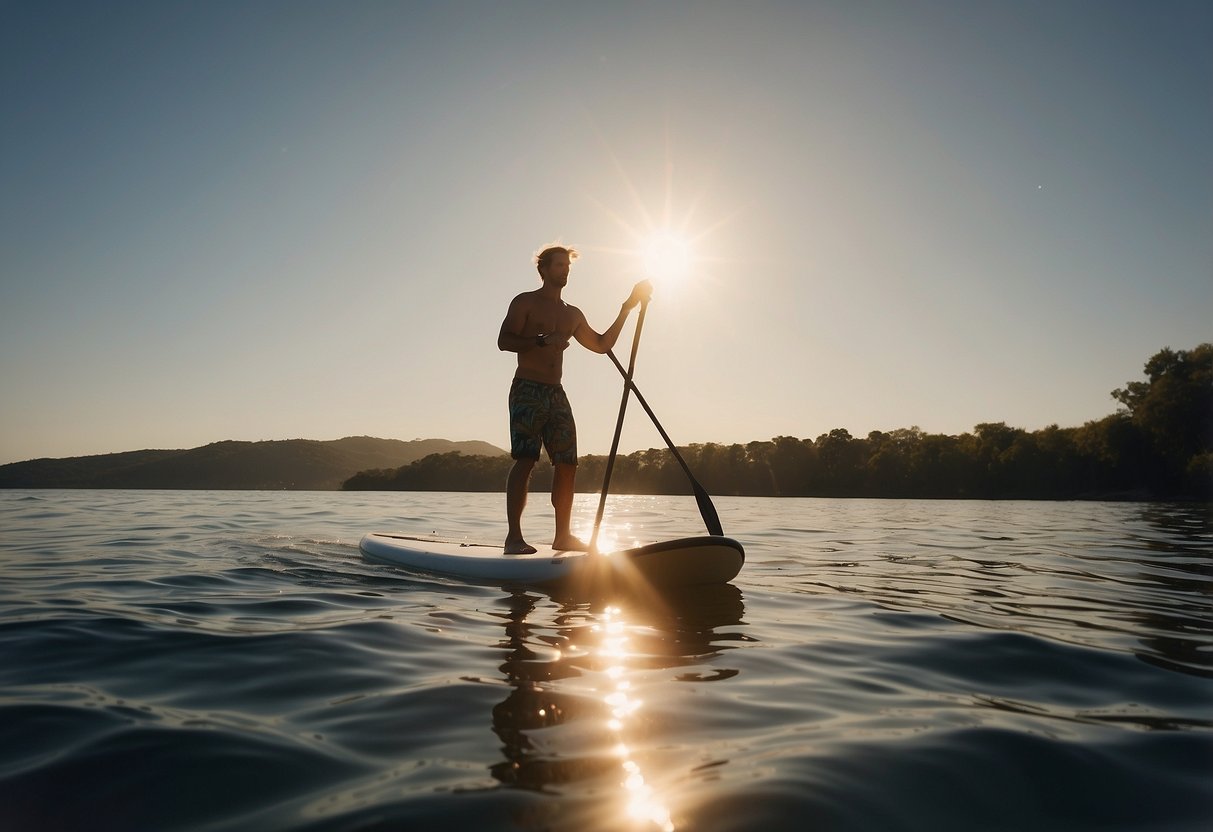 A paddleboarder floats on calm waters, a cooler securely strapped to the board. The sun shines overhead as the paddleboarder reaches in to grab a cold drink, enjoying the convenience of having a cooler on board