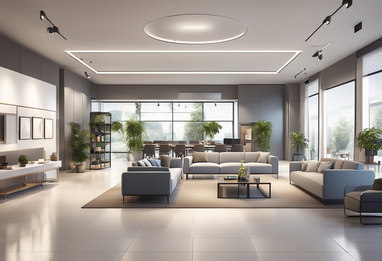 A showroom filled with modern Dumor furniture, arranged in stylish settings. Bright lighting highlights the sleek lines and elegant finishes of the product range