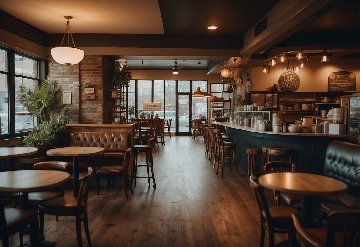 A cozy coffee shop with a variety of furniture and a sign that reads "Frequently Asked Questions" prominently displayed