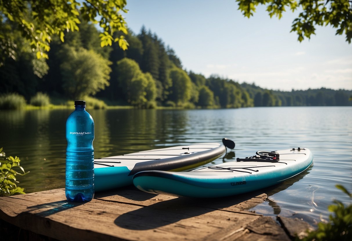 A calm lake with a clear blue sky, surrounded by lush green trees. A paddleboard rests on the shore, next to a stack of training equipment and water bottles