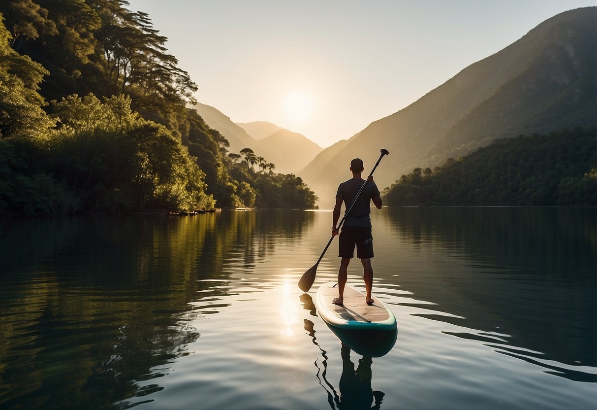 A paddleboarder stands on calm water, surrounded by lush greenery and mountains in the distance. They hold a paddle and appear focused and determined. The sun shines brightly overhead, casting a warm glow on the scene