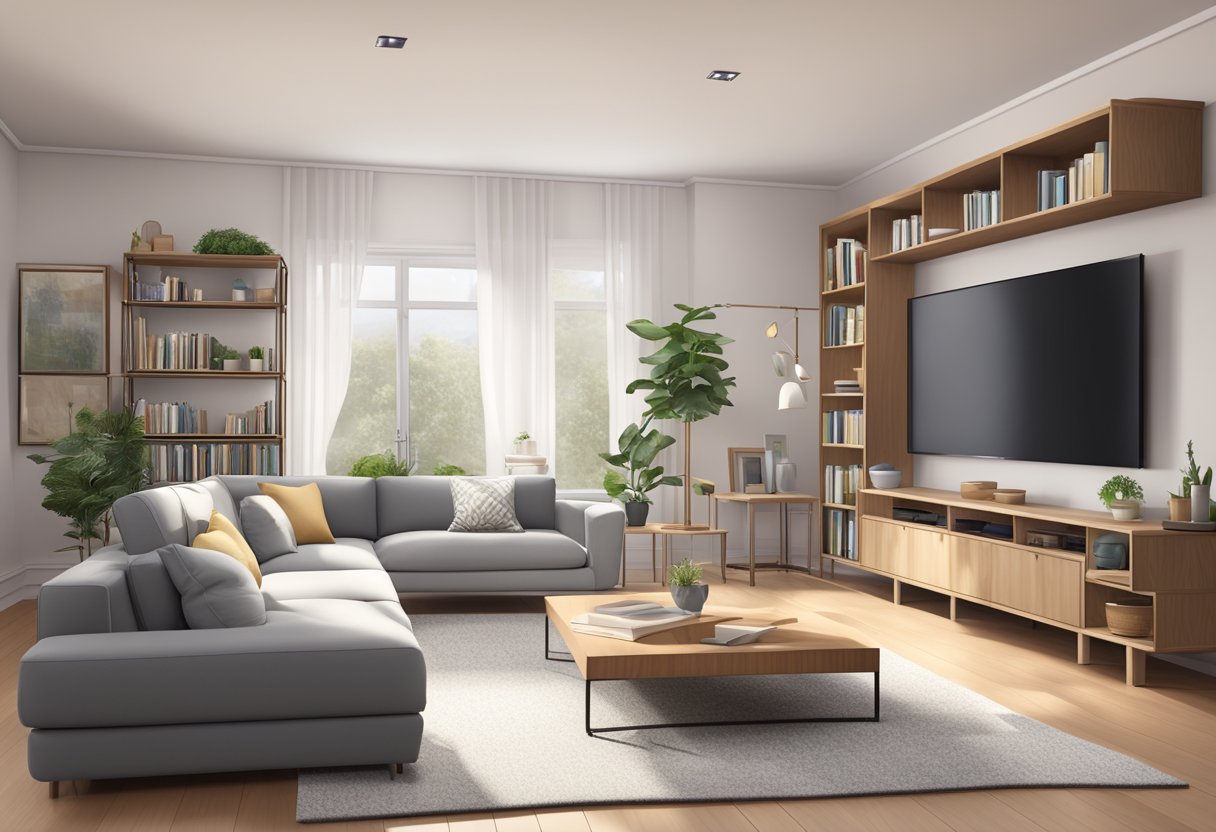 A cozy living room with a modern Dumor furniture set, featuring a comfortable sofa, stylish coffee table, and elegant bookshelves