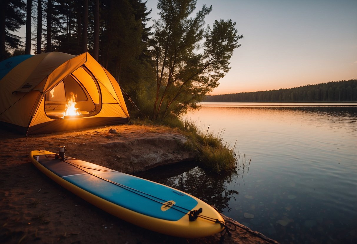 A serene lake at sunset, with a paddleboard resting on the shore. A cozy campsite nearby, with a flickering campfire and a tent illuminated from within