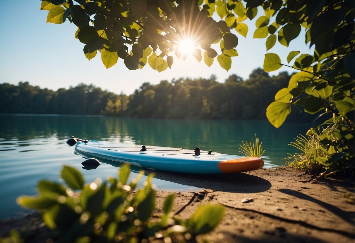 A paddleboard rests on a calm, blue lake. A water bottle sits nearby, surrounded by lush greenery. The sun shines overhead, casting a warm glow on the serene scene