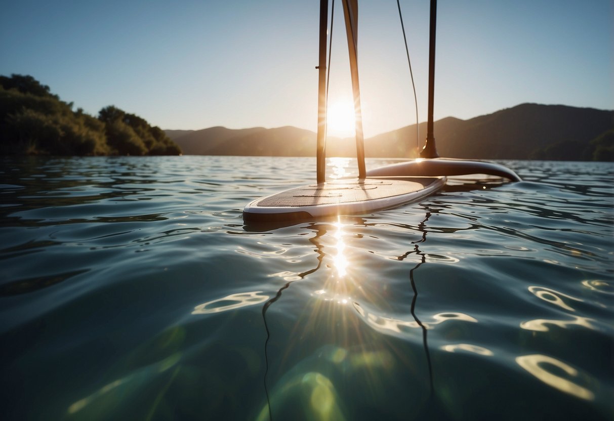 Crystal clear water ripples gently under a bright sun. A paddleboard floats peacefully, surrounded by a serene landscape. Wind whispers through the air, creating small waves on the water's surface