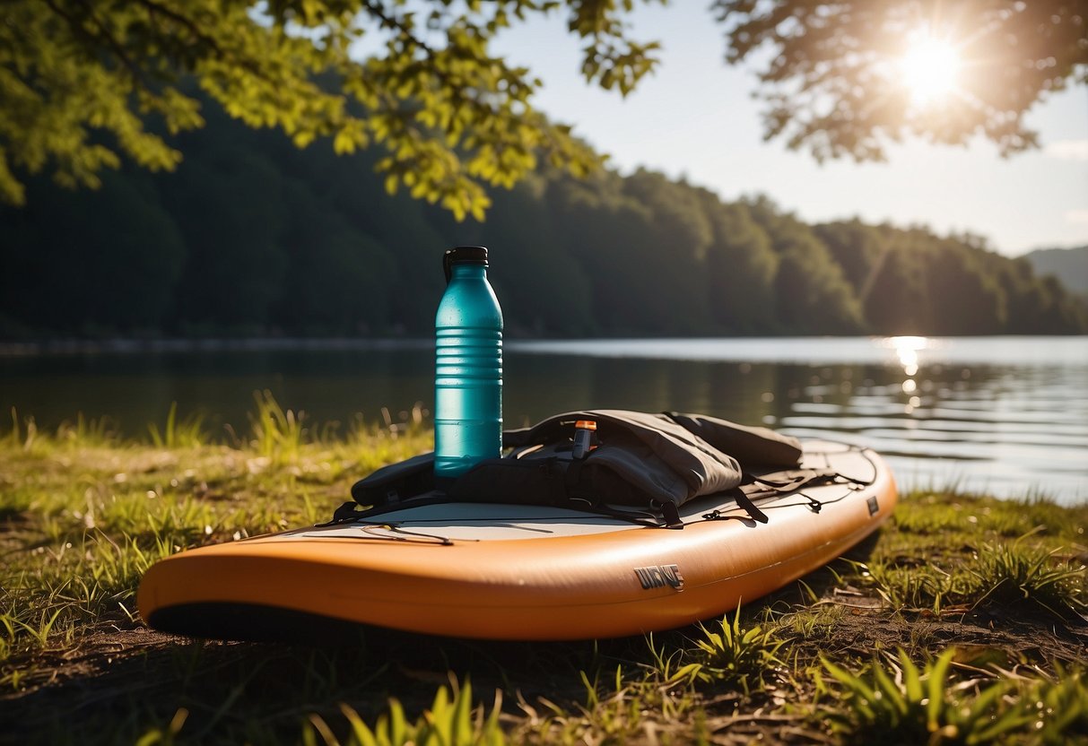 A paddleboard, paddle, life jacket, and water bottle laid out on a grassy shore next to a calm lake. The sun is shining, and there are trees in the background