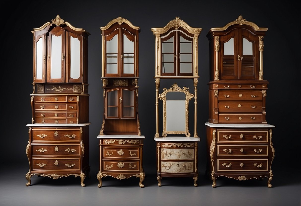 A timeline of commode furniture from the 17th to 19th century, showcasing design evolution and craftsmanship