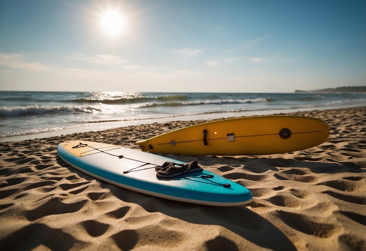 A sunny beach with a paddleboard, sunscreen, and a list of training tips. Waves crash in the background as the sun shines brightly overhead