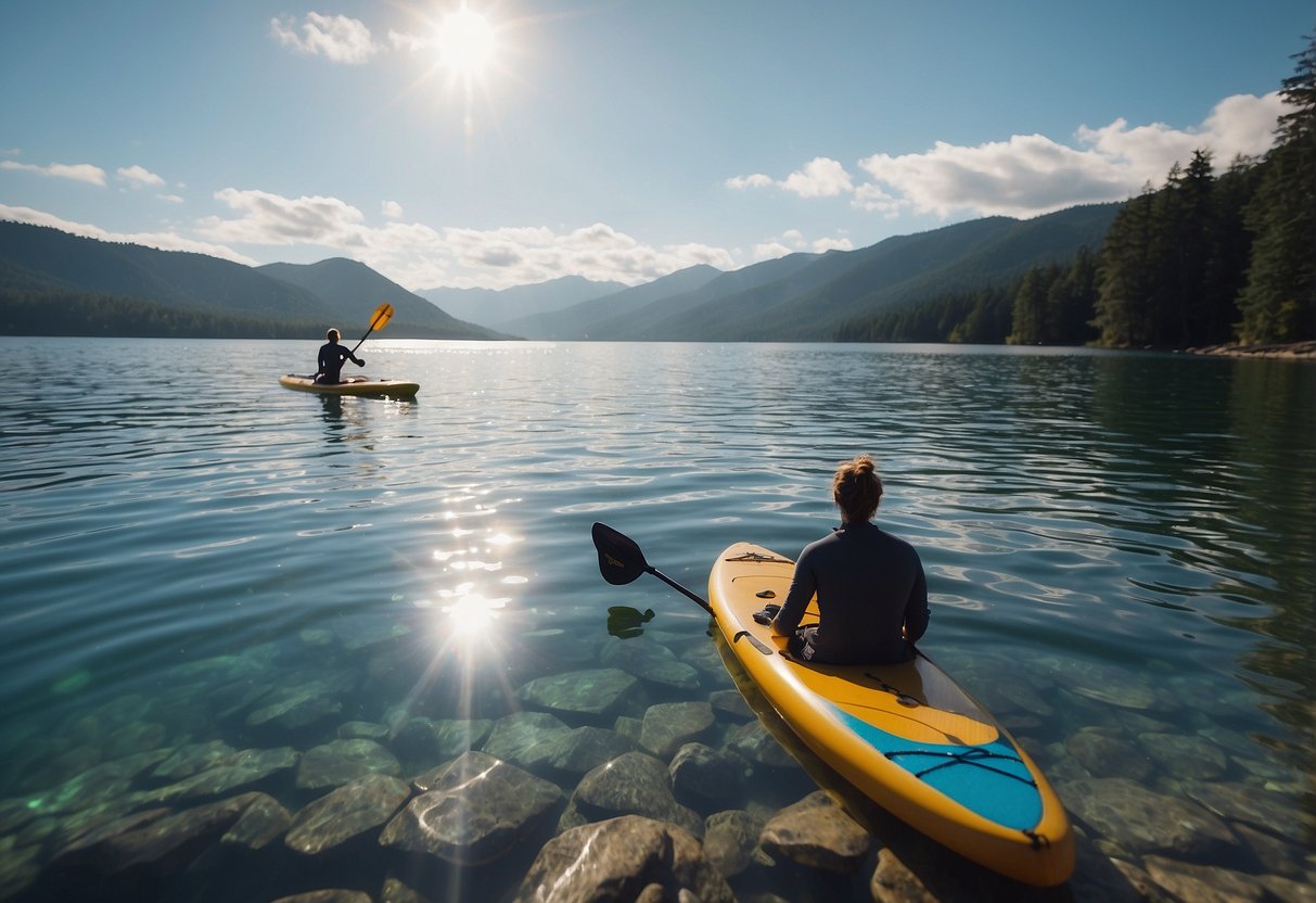 A paddleboarder rests on a calm, blue lake. Sunlight glistens on the water as the board gently rocks. A timer sits nearby, reminding the paddleboarder to take regular breaks