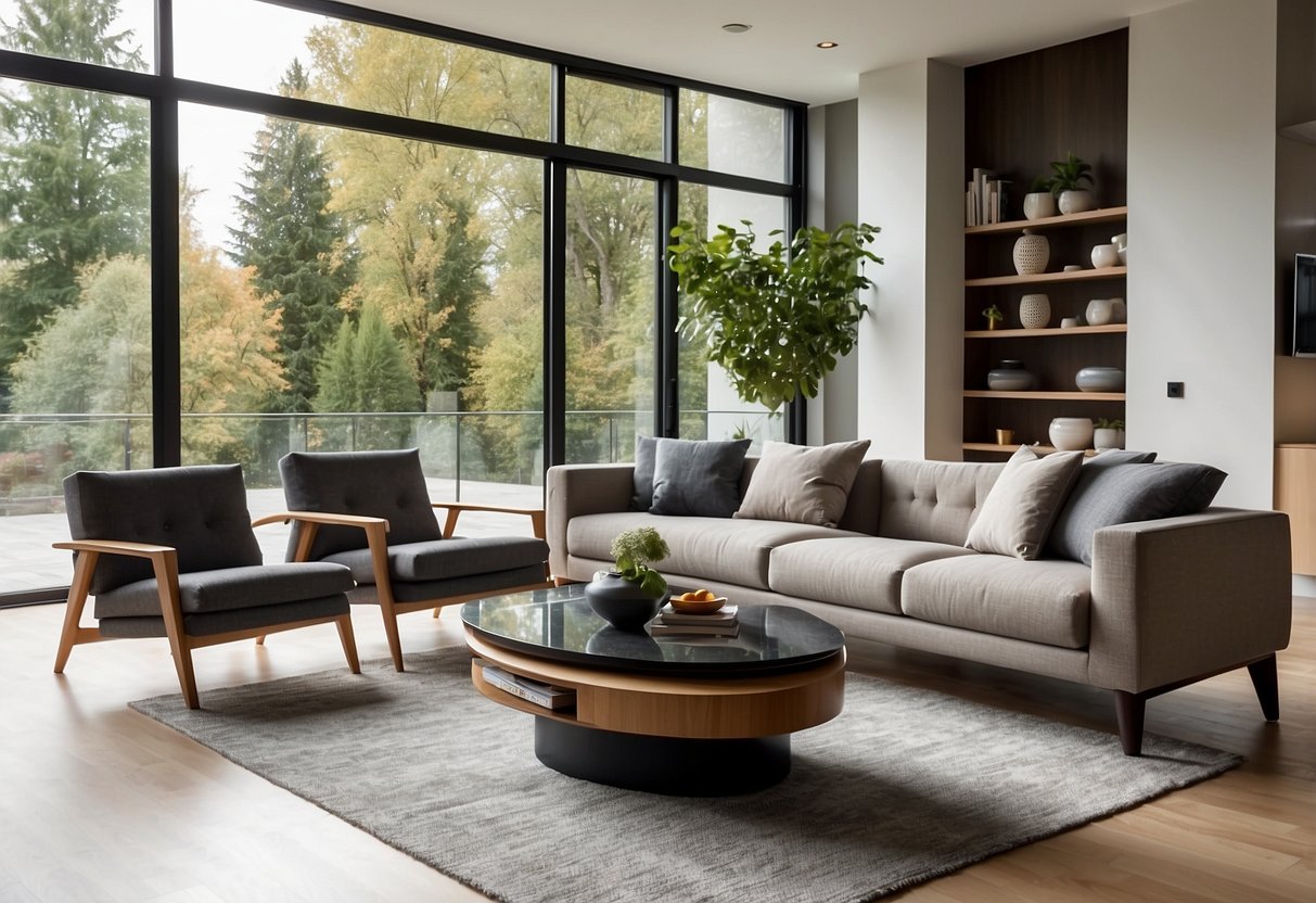 A modern living room with Lechuza furniture, featuring sleek lines and minimalist design. A large, comfortable sofa is the centerpiece, surrounded by matching coffee tables and stylish accent chairs. The room is bathed in natural light, with large windows offering a