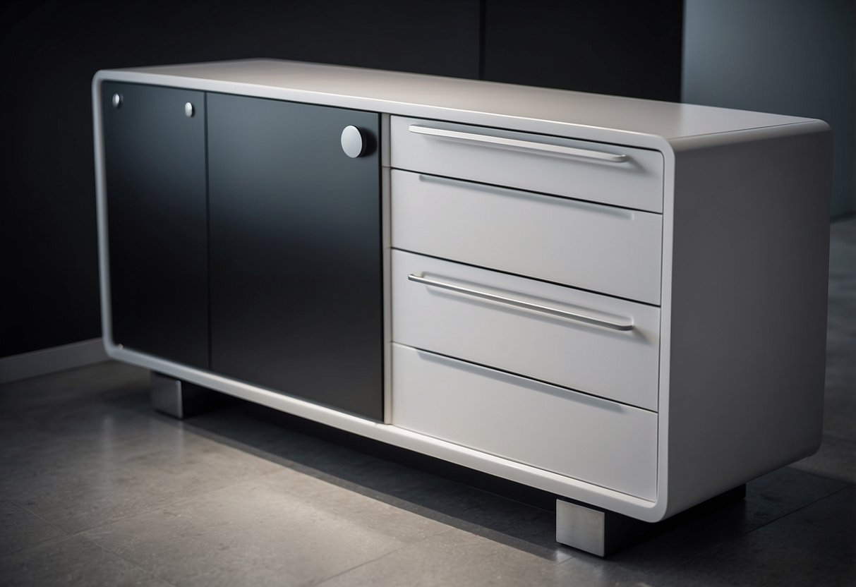 A sleek, modern commode with clean lines and functional storage compartments