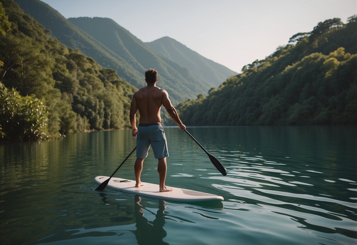 A person stands on a paddleboard in calm waters, surrounded by lush greenery. They are using a paddle to navigate through the serene landscape