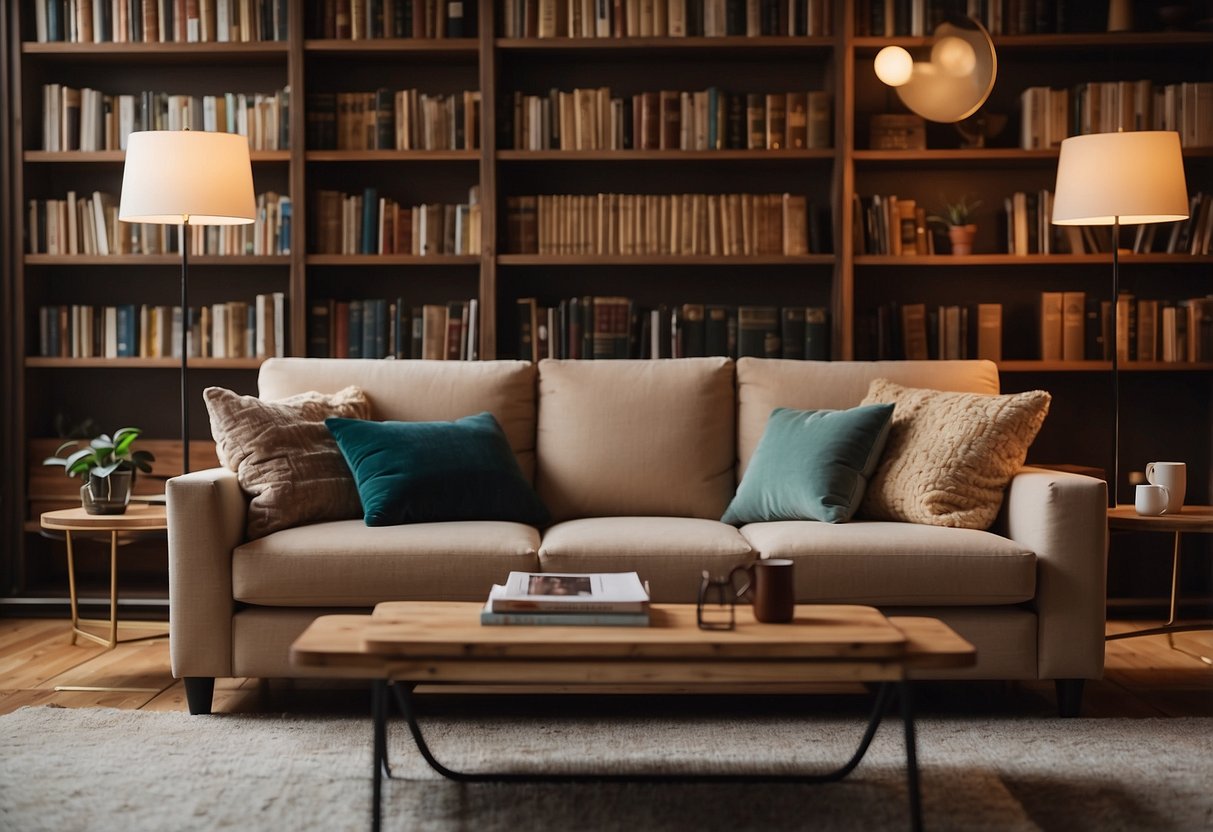 A cozy living room with a plush sofa, a coffee table, and a warm rug. A bookshelf filled with books and a soft glow from a lamp in the corner