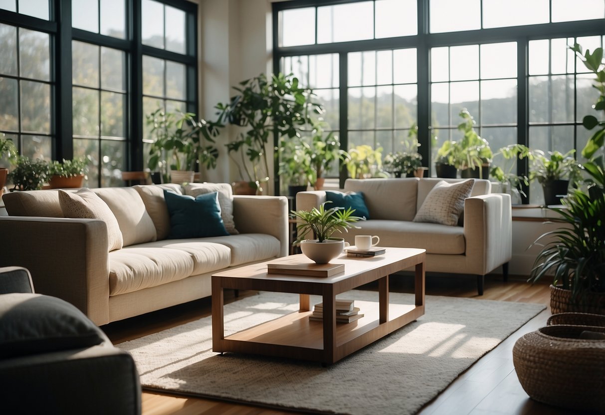 A modern living room with sleek Lechuza furniture, featuring a stylish sofa, coffee table, and indoor plants. Bright natural light streams in through the large windows, creating a warm and inviting atmosphere