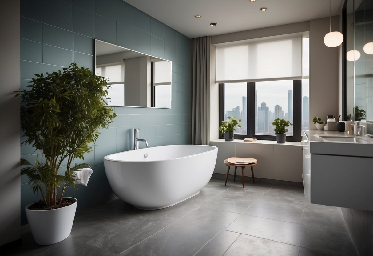 A modern bathroom with a sleek, white commode featuring a "Frequently Asked Questions" label in English
