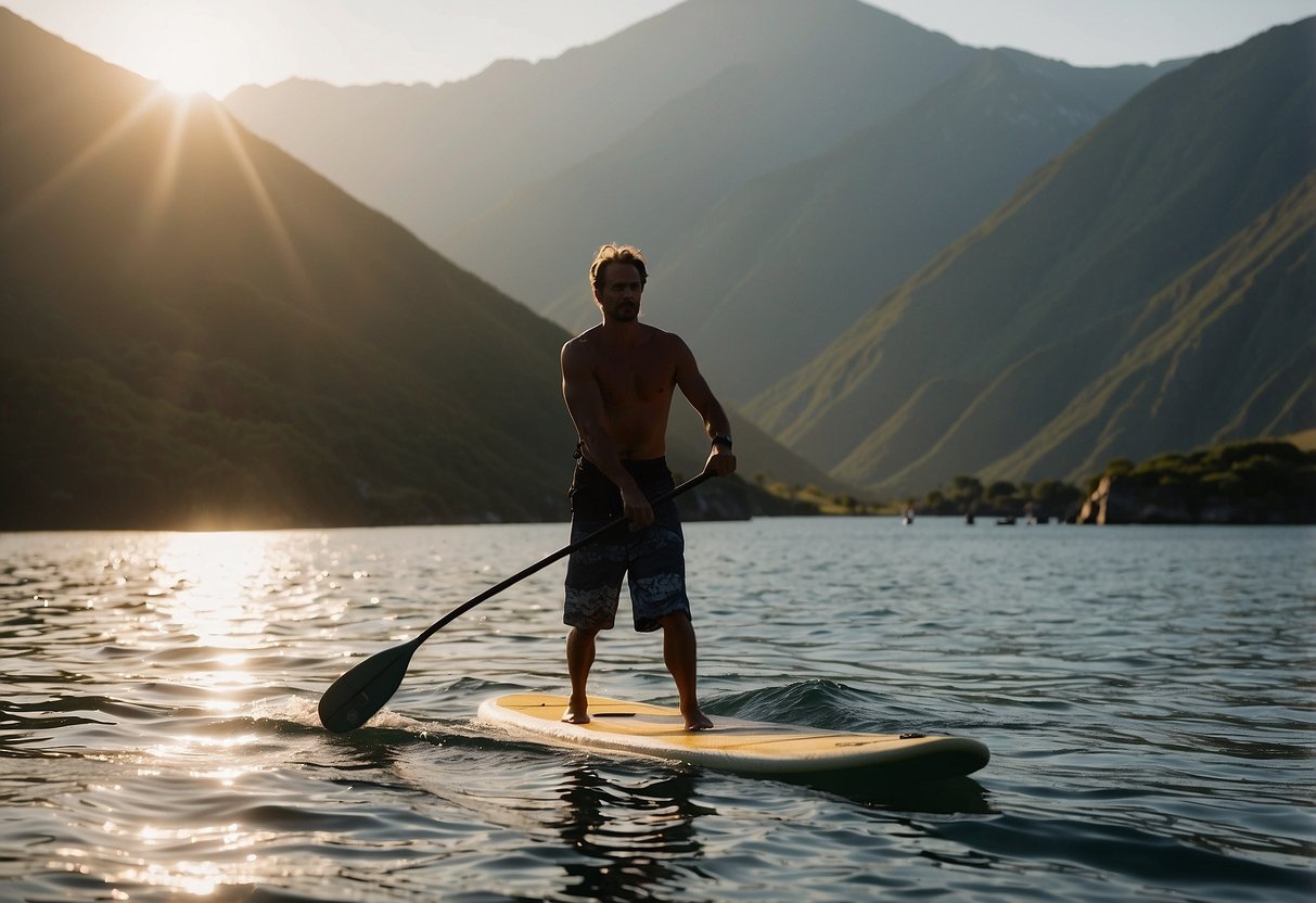 A paddleboarder navigates choppy waters at high altitude, taking slow, deliberate breaths. The sun sets behind towering mountains as they sip water and adjust their gear