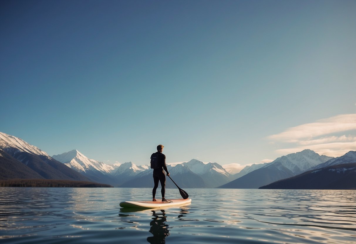 Paddleboard on calm lake surrounded by snow-capped mountains. Person acclimating to high altitude, following tips for dealing with altitude sickness