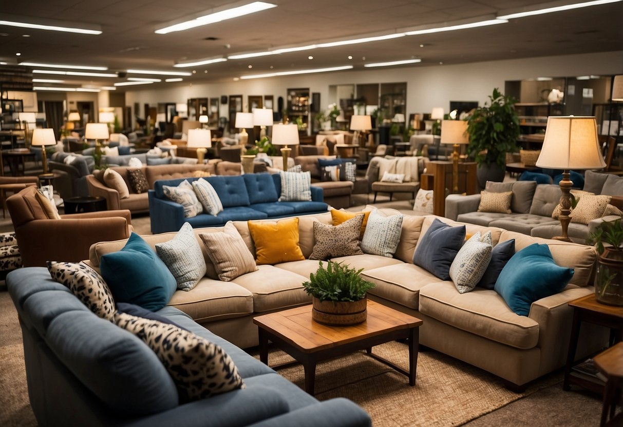 The cluttered showroom displays rows of budget-friendly sofas and tables. Customers browse through stacks of discounted home decor items