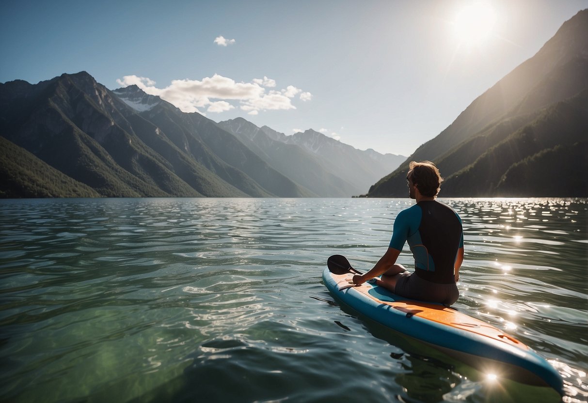 A paddleboarder applies sunscreen with mountains in the background. They follow 7 tips to manage altitude sickness