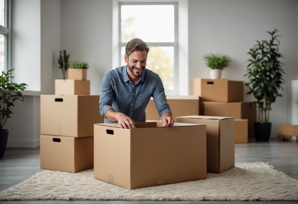 A customer happily unboxes and assembles their new Lechuza furniture, admiring its sleek design and sturdy construction