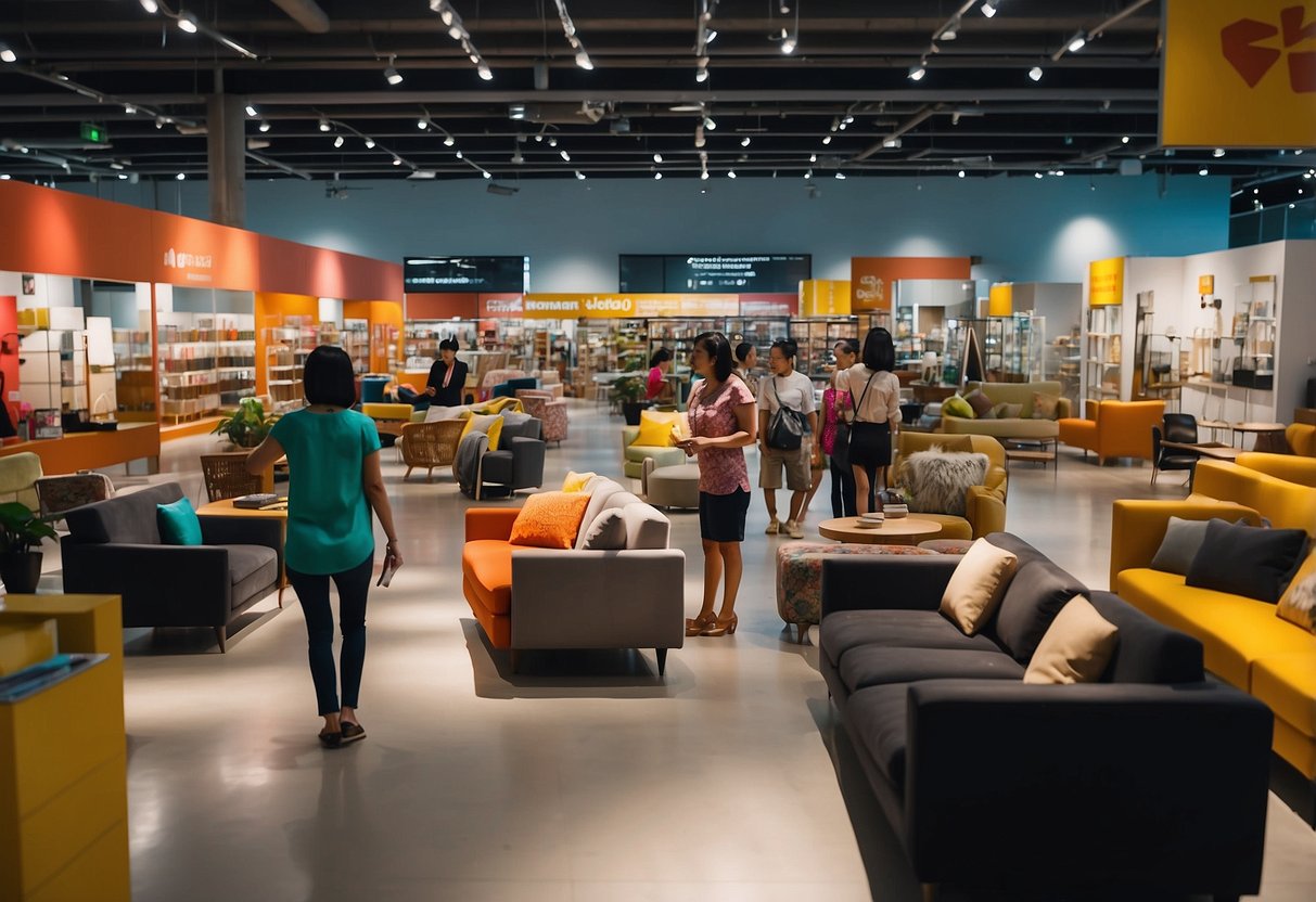 Customers browsing through rows of discounted furniture in a Singapore store. Brightly colored price tags and signs advertise affordable prices