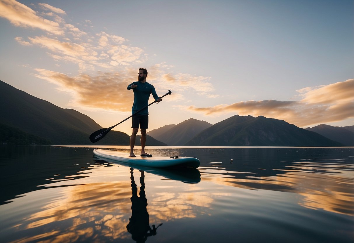 A paddleboard rests on calm water at sunrise, surrounded by mountains. The air is crisp and thin, with a hint of altitude sickness