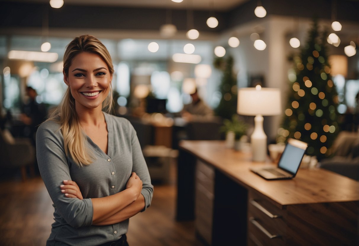 A customer service representative smiles while assisting a customer in a cozy furniture showroom