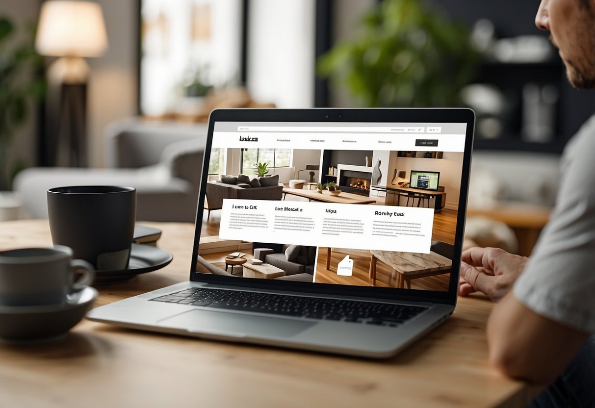 A customer browsing a FAQ section on a Lechuza Furniture website, with a laptop open and various furniture pieces displayed on the screen
