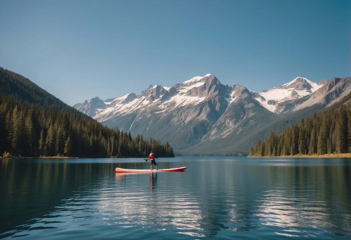 A serene lake with a paddleboarder gliding across calm waters, surrounded by towering mountains and clear blue skies