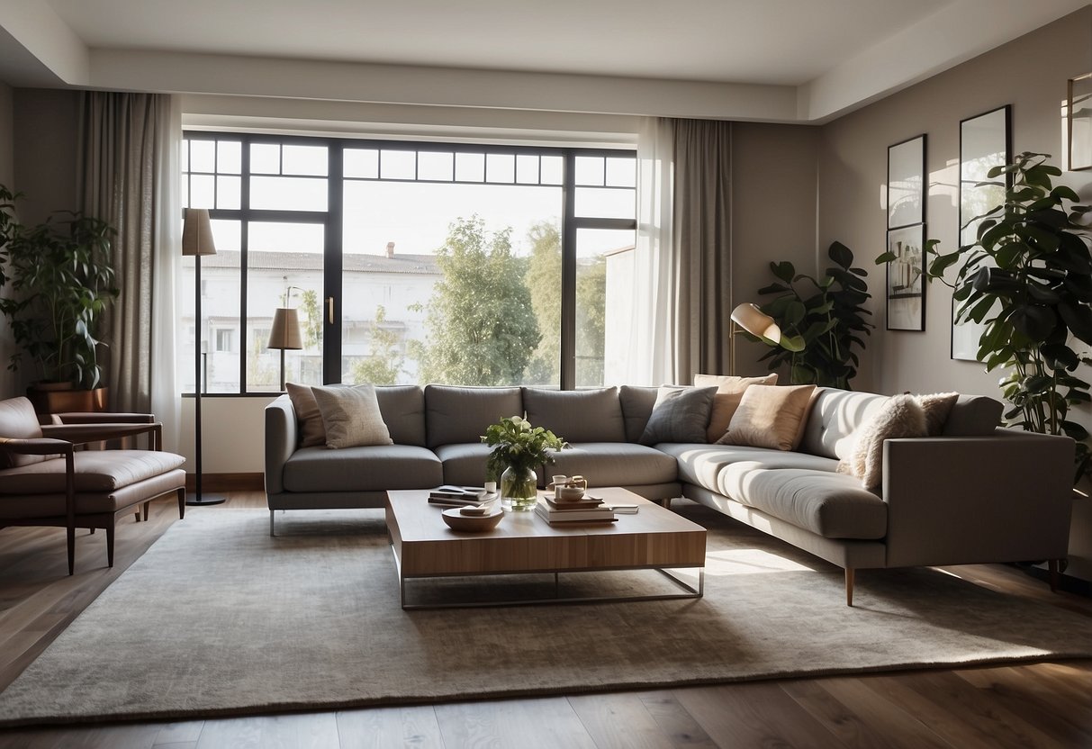 A room with a modern, stylish furniture set, including a comfortable sofa, sleek coffee table, and elegant armchair. The space is well-lit and inviting, with a cozy atmosphere