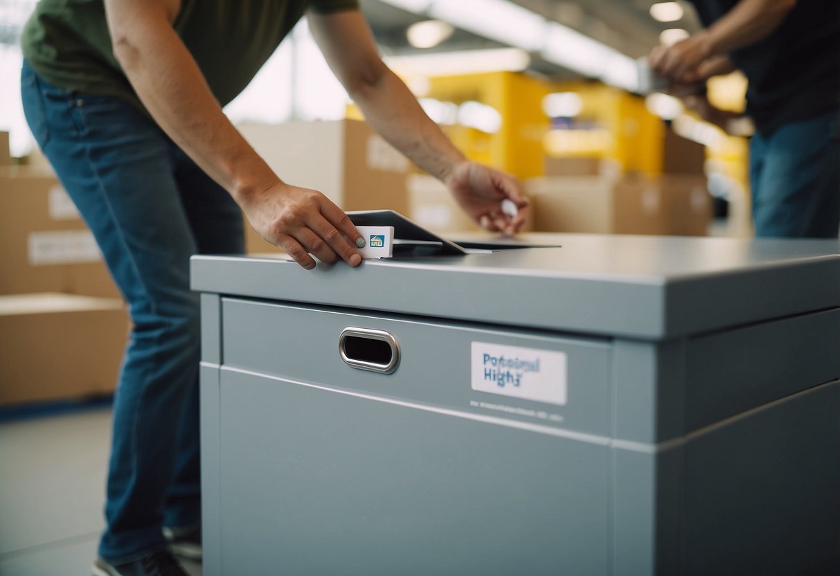A person places Ikea furniture into a donation box