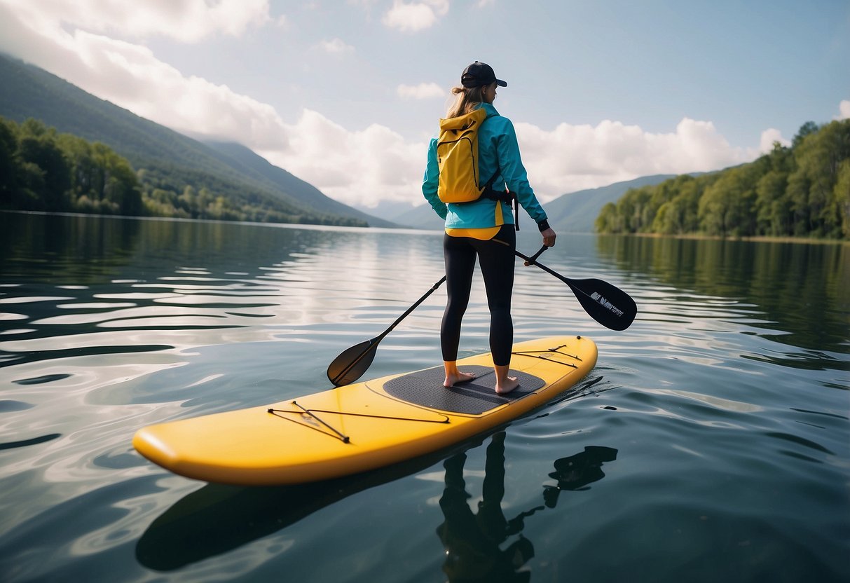 Bright, sunny day on calm water. Paddleboard with lightweight, waterproof gear. Rain jacket, pants, and hat. Minimalist design, easy to move in