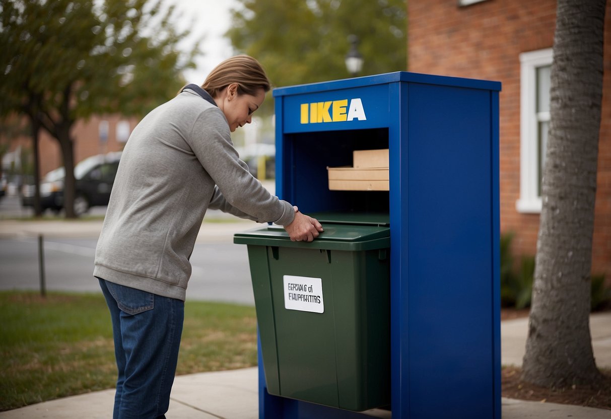 A person placing gently used IKEA furniture into a donation bin outside of a local charity organization