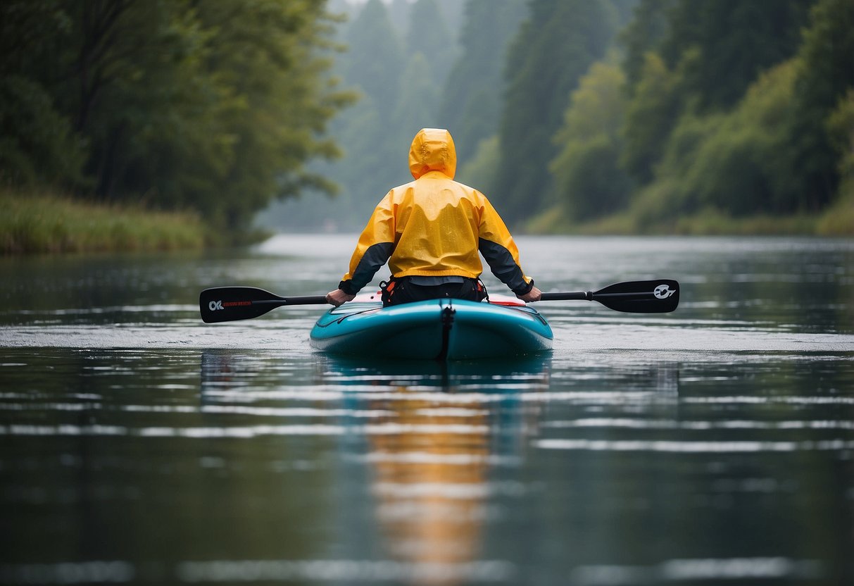 A figure stands on a paddleboard in the rain, wearing an Outdoor Research Helium Rain Jacket. The lightweight, waterproof gear keeps them dry as they paddle through the water