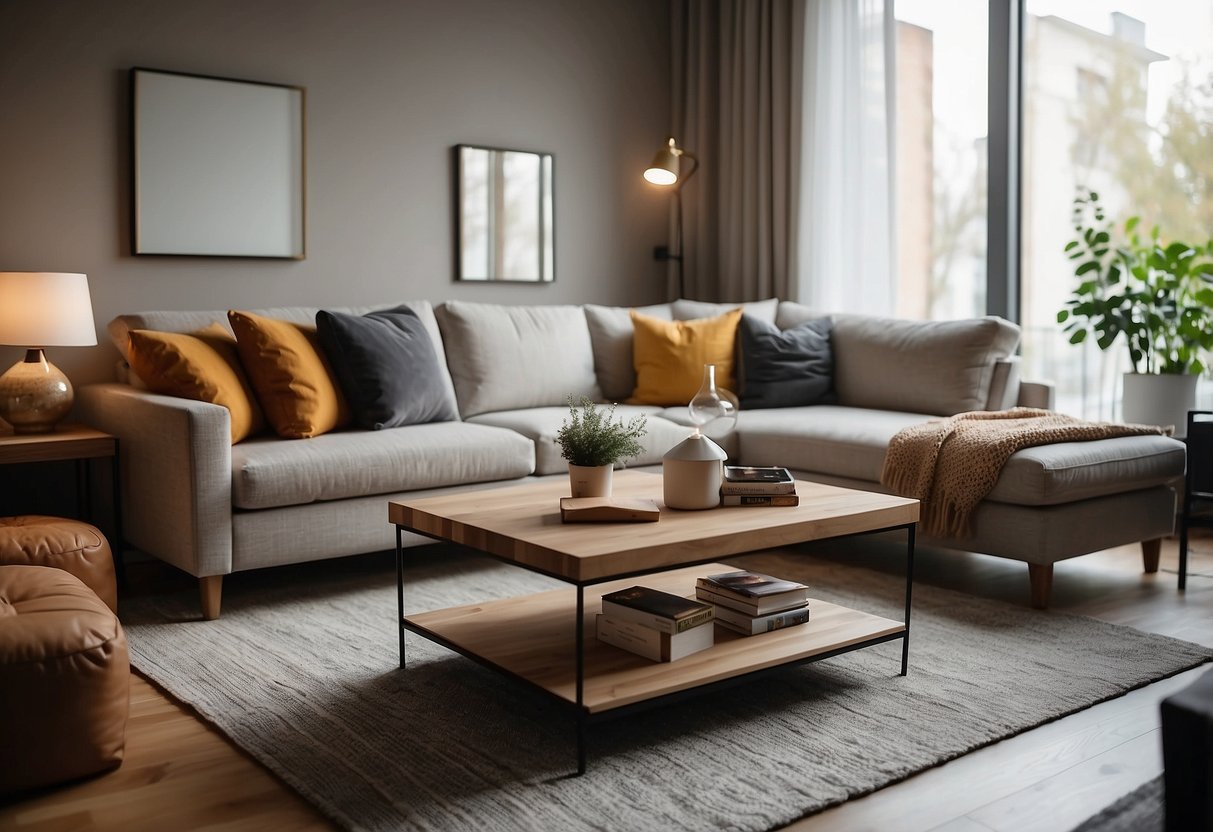 A cozy living room with modern, affordable furniture arranged for comfort and style. Warm lighting and soft textiles create a welcoming atmosphere