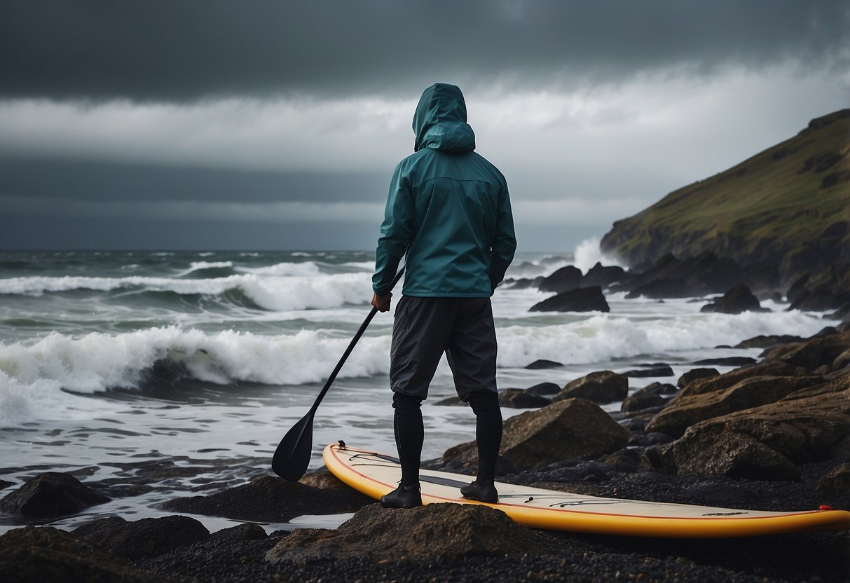 A figure stands on a rocky shore, wearing a Patagonia Storm Racer Jacket, with a paddleboard resting nearby. Dark clouds loom overhead, and waves crash against the rugged coastline, illustrating the need for lightweight rain gear