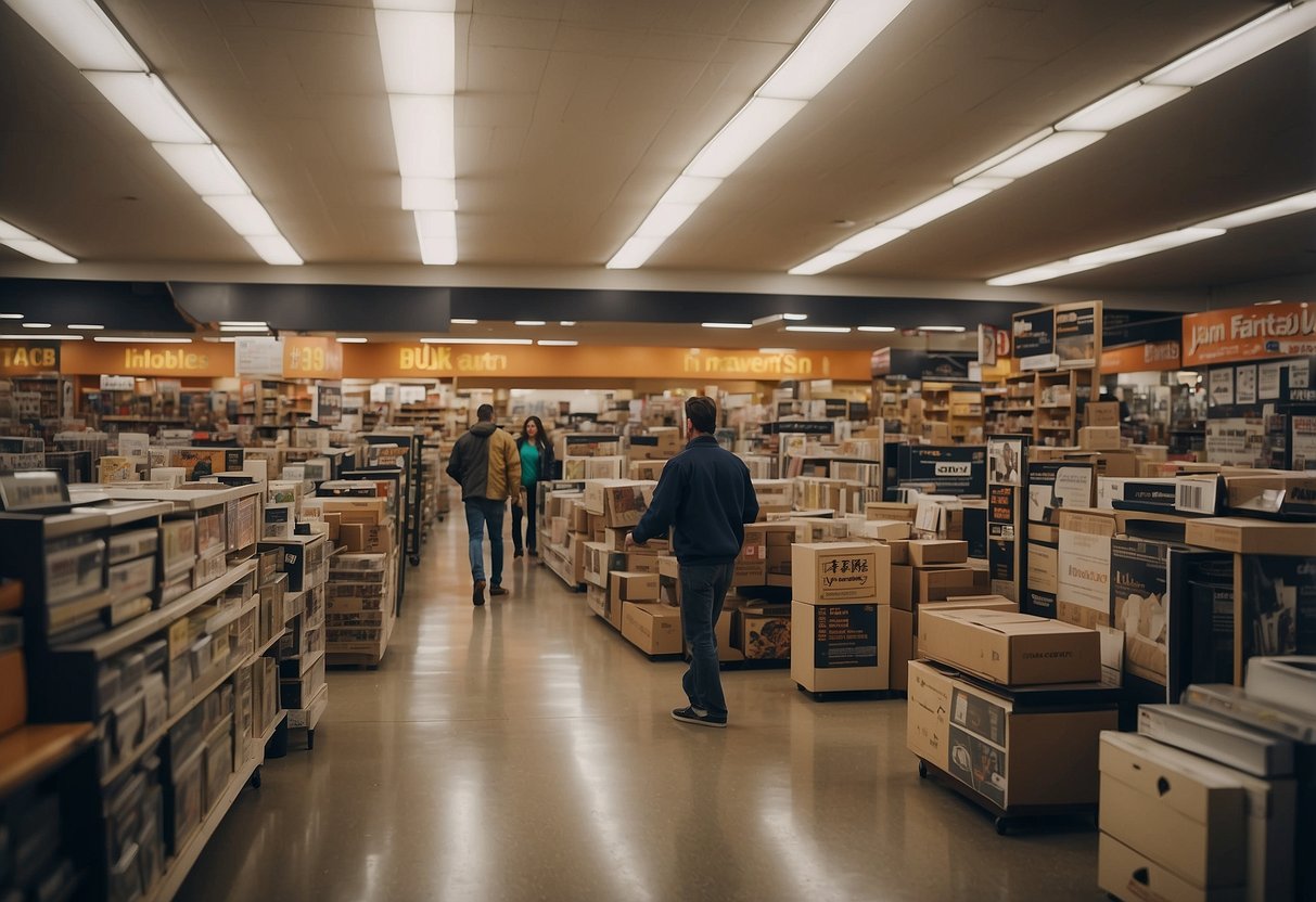 Customers browsing through aisles of affordable furniture, reading signs for frequently asked questions at a discount store