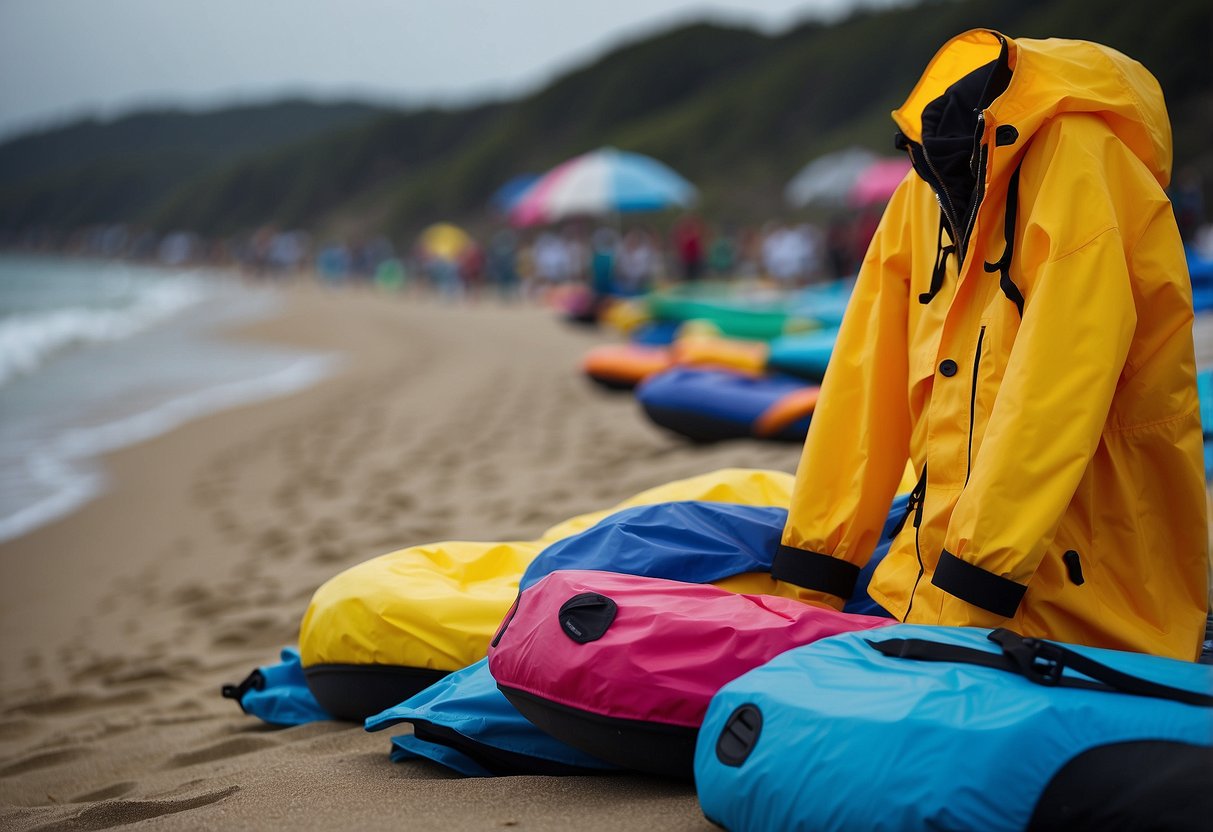 Brightly colored lightweight rain gear displayed on a beach with paddleboards in the background. Windproof and waterproof materials stand out