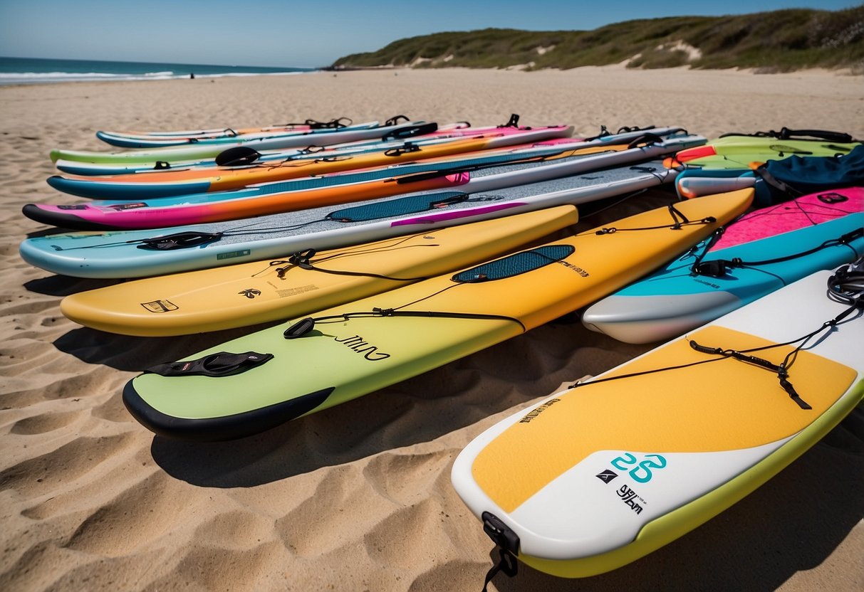 A colorful array of lightweight paddleboarding packs arranged neatly on a sandy beach, with the sparkling water and blue sky in the background