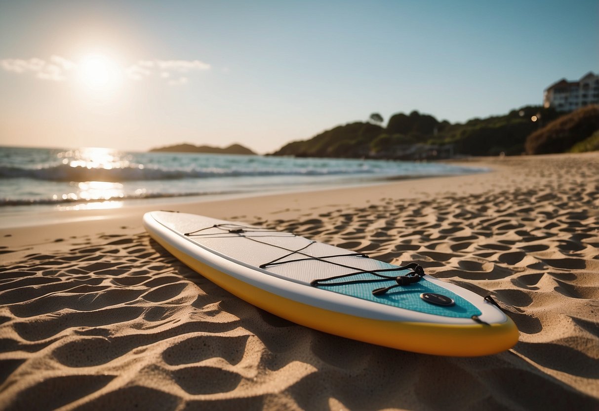 A bright, sunny beach with calm waters. A paddleboard and the iRocker 20L Lightweight Pack sit on the sand, ready for an adventure