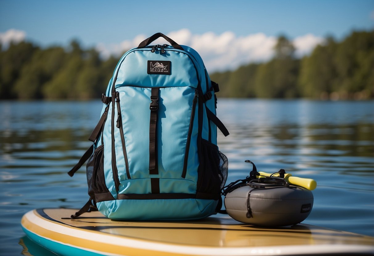 A blue backpack sits on a paddleboard, surrounded by calm water and a clear blue sky. The backpack is lightweight and designed for paddleboarding