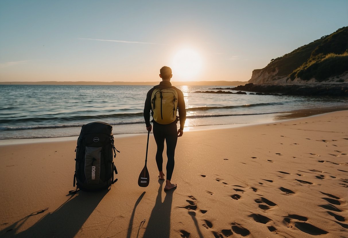 A person stands on a sandy beach, overlooking a calm body of water, with a Freein SUP Backpack slung over their shoulder. The sun is shining, and the person is ready to embark on a paddleboarding adventure