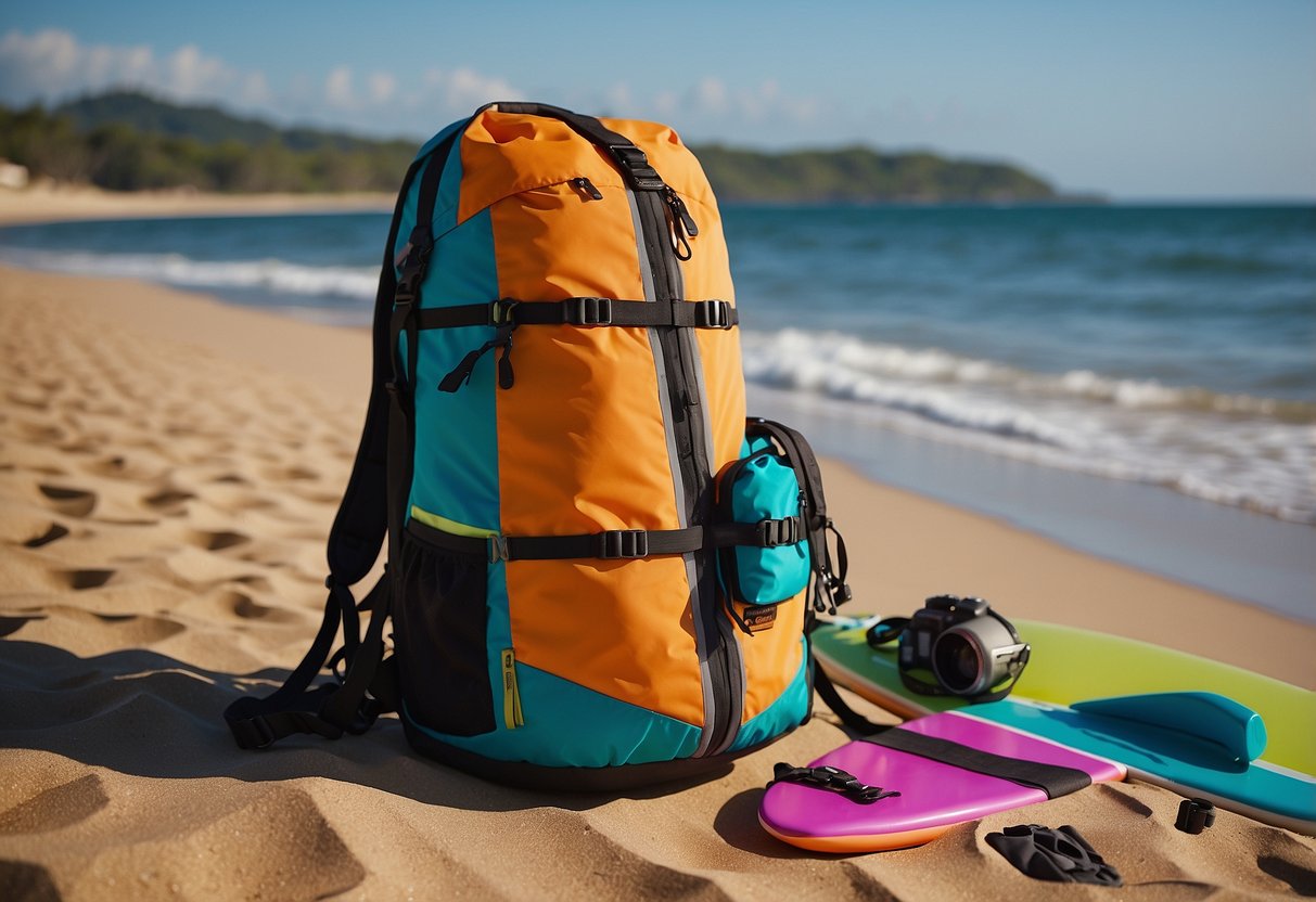 A colorful, lightweight gear bag sits on a sandy beach with a paddleboard and ocean waves in the background